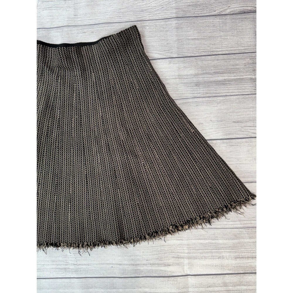 Vila Milano XL Black Tan Chevron Herringbone Knit A-Line Skirt Raw Fringe Hem - Picture 2 of 10